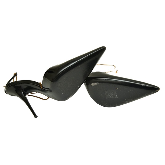 SAINT LAURENT Black Patent Leather Pump CLAW CHAIN YSL Logo Heel Gold Ankle 38.5 - Picture 9 of 10